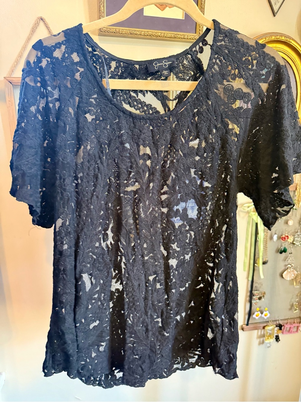 Jessica Simpson Black Lace Short Sleeve Blouse